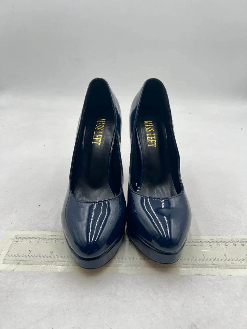 miss left Navy  Low Platform Chunky High Heel Slip On Closed Round Toe Pump
